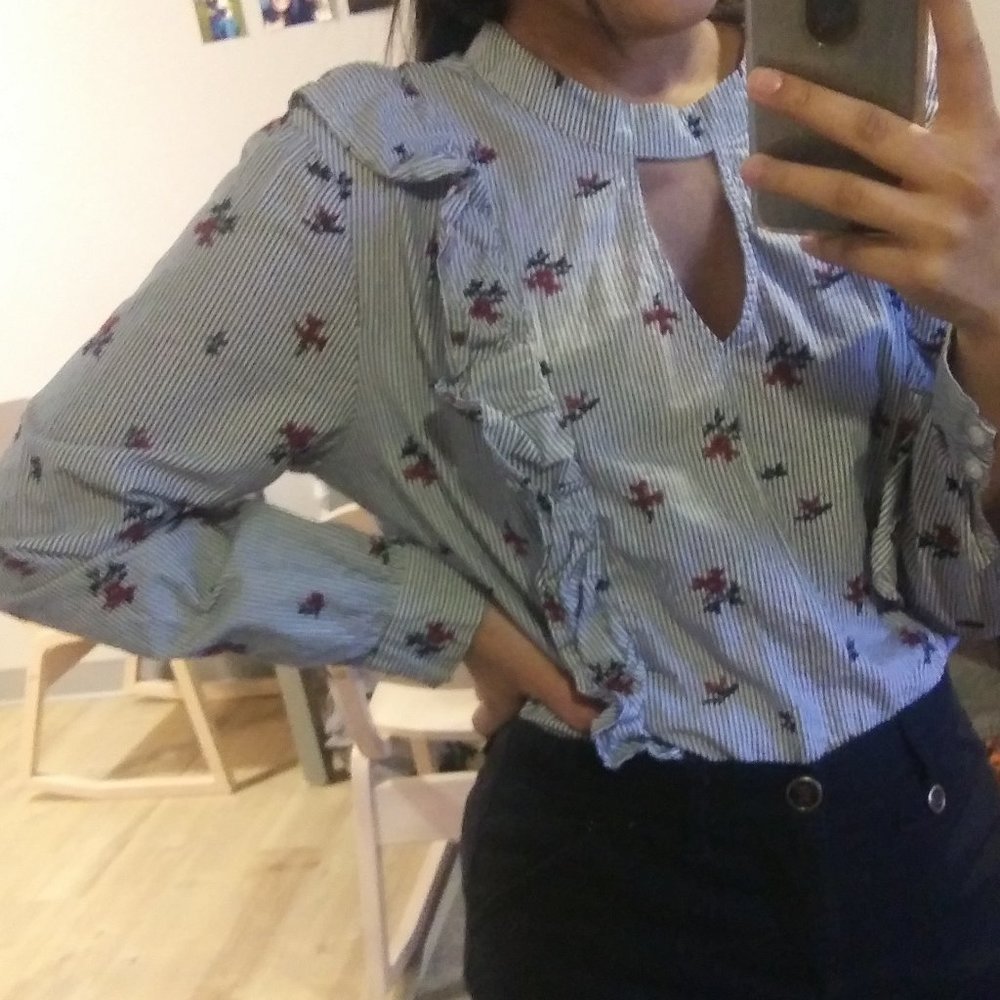 Ruffled/Embroidered Long Sleeve Top